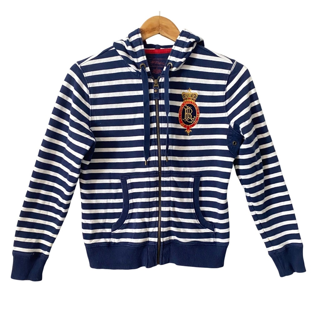Vtg Lauren Jeans Co Ralph Lauren Nautical Navy Striped Crest Zip Up Hoodie Small - Picture 1 of 7